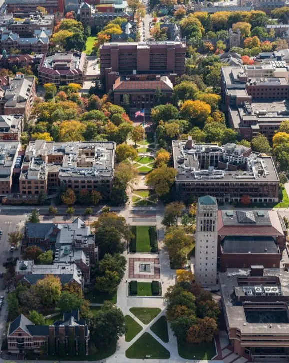 An aerial view the University of Michigan's central campus