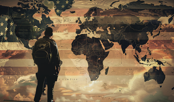 stylized image of american flag, flattened globe, and a soldier