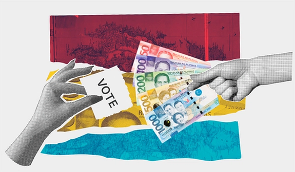 Collage image of hands exchanging cash for a vote